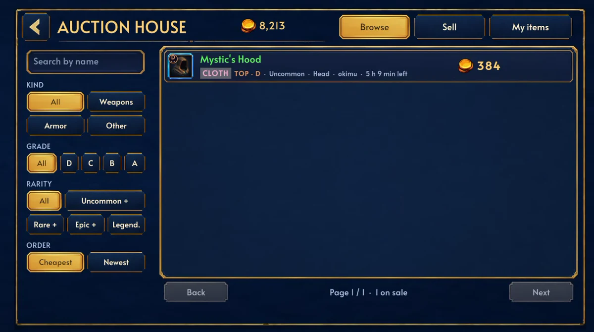 Dragonoa auction house with equipment listings