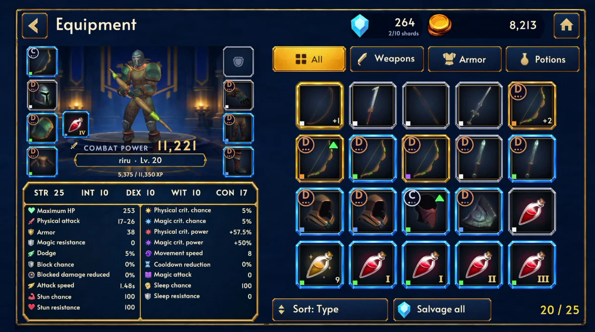 Dragonoa inventory and equipment comparison interface