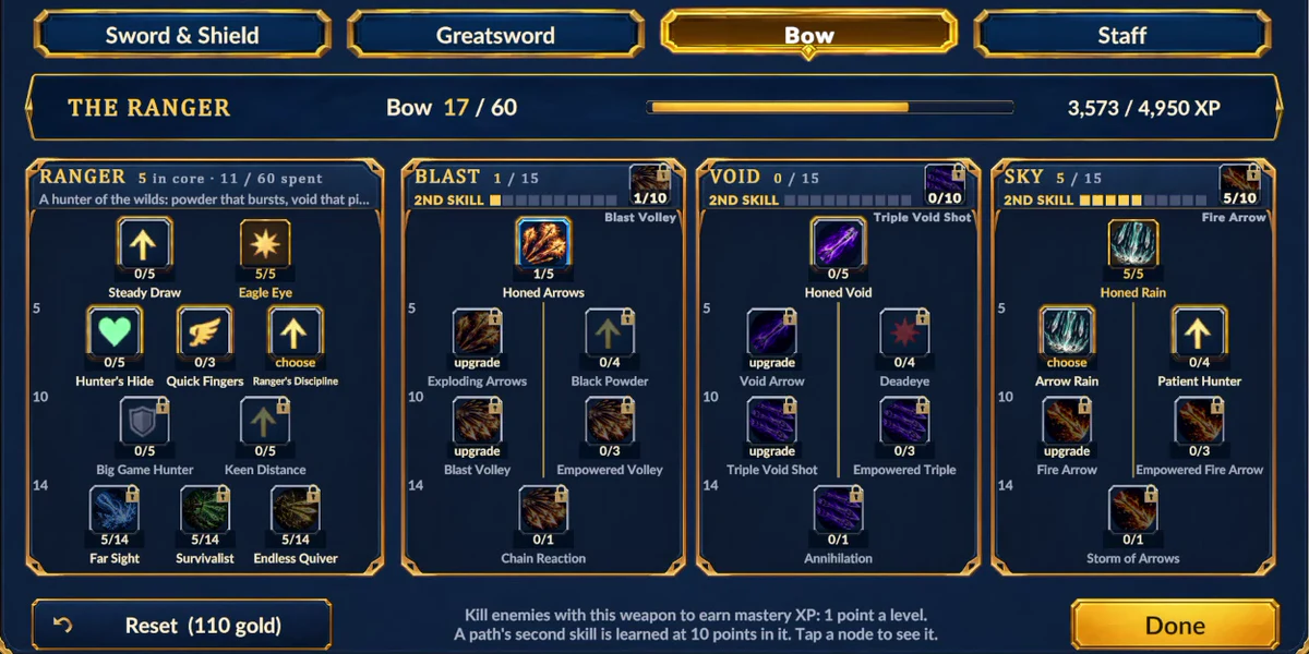 Dragonoa weapon mastery and skill progression interface