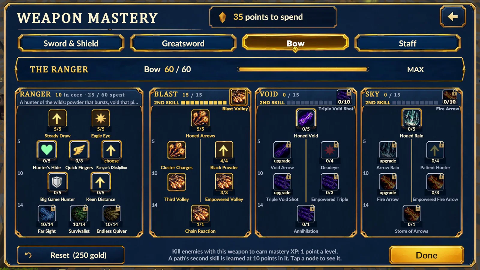 Dragonoa Online bow mastery skill tree with branching upgrades