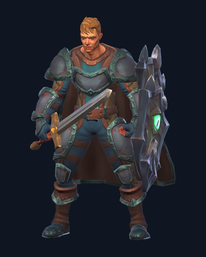 An armoured Dragonoa character holding a complete sword and shield